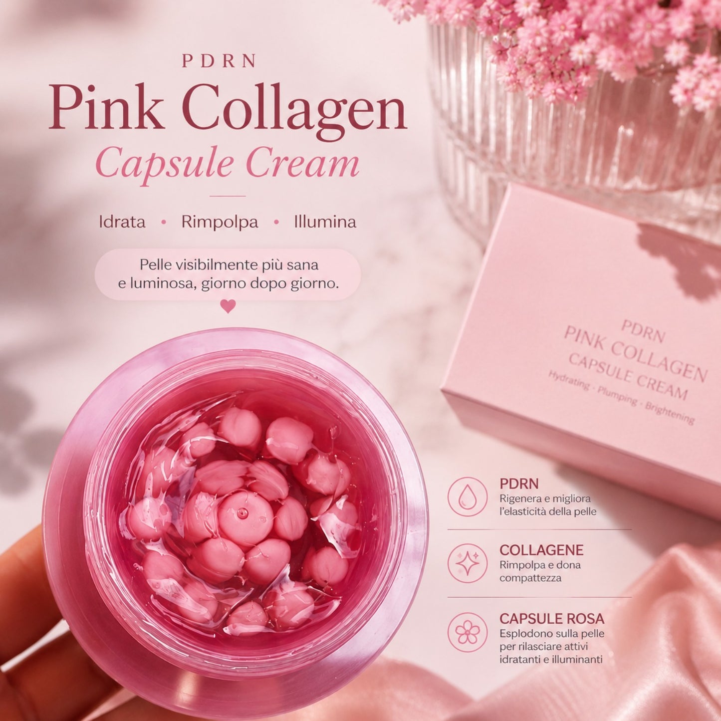 Perle di Collagene Rosa™️- Crema Viso Idratante con Capsule al Collagene