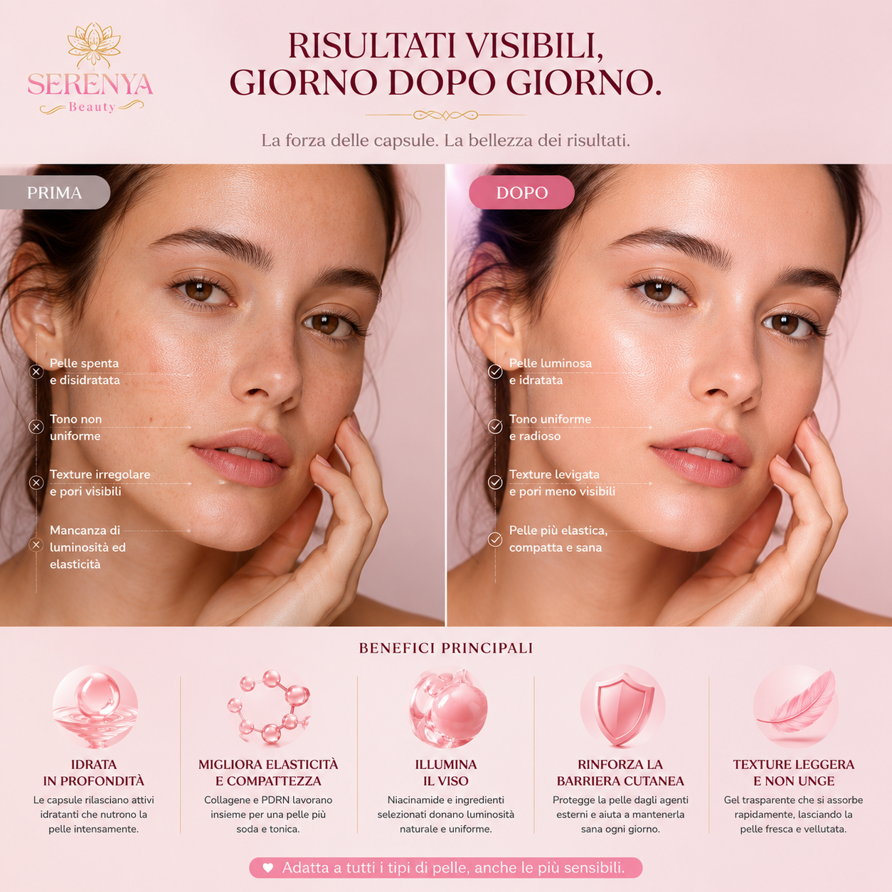Perle di Collagene Rosa™️- Crema Viso Idratante con Capsule al Collagene